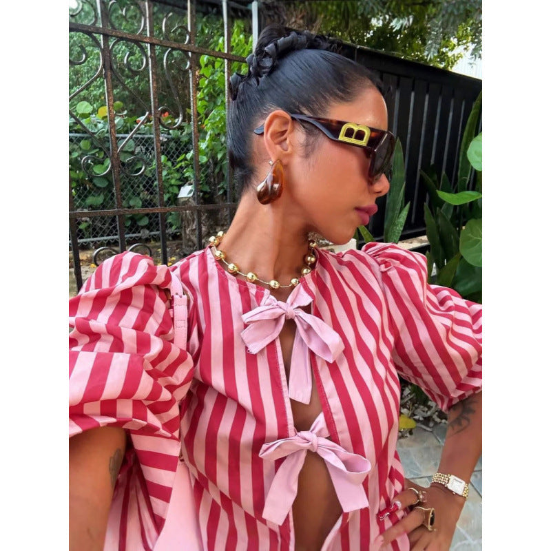 Stripes Bow Padded Shoulder Short Sleeve Top