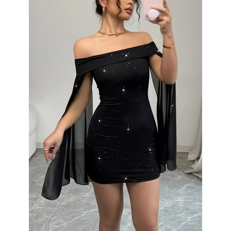 Diamante Off-the-shoulder Flared Long-sleeve Mini Dress