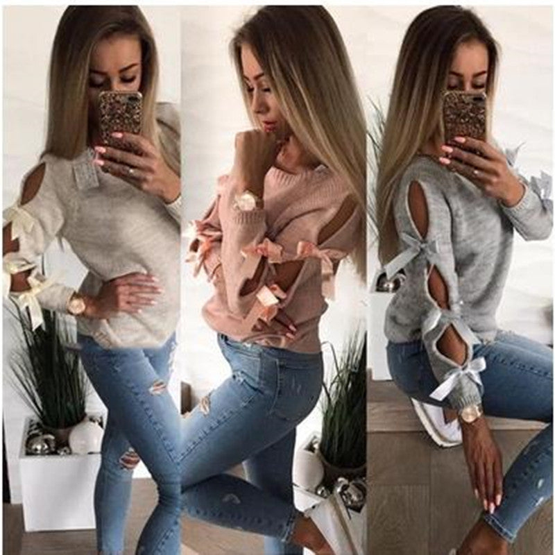 Hollow Bow Long Sleeve Round-neck Sweater