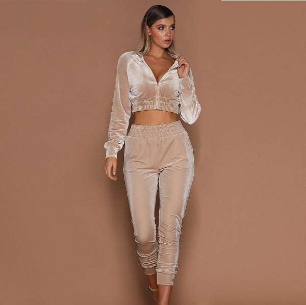 Cropped Velvet Jacket and Trousers Two-piece Set