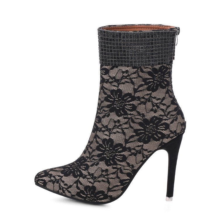 Lace mesh Sequin High Heel Short Boots