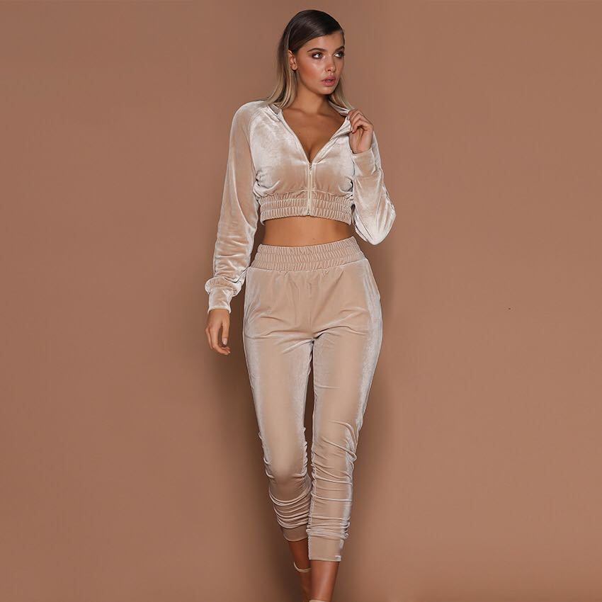 Cropped Velvet Jacket and Trousers Two-piece Set