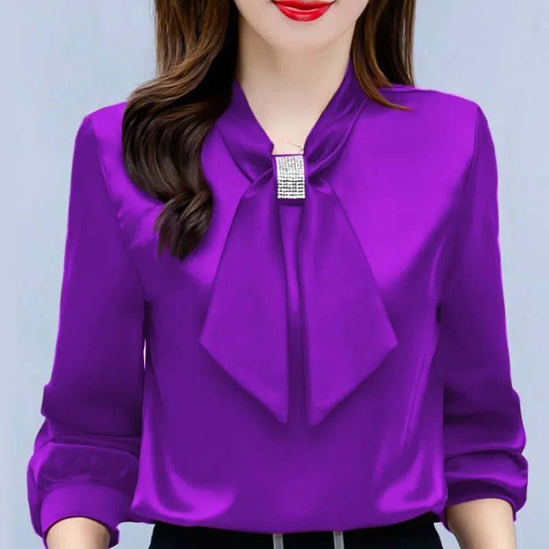 Satin V-Neck Bow Diamante Long Sleeve Blouse