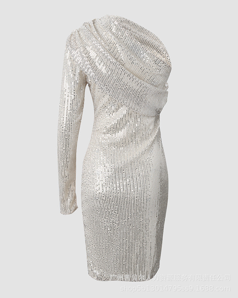 Sequin One Shoulder Long-sleeve Dress