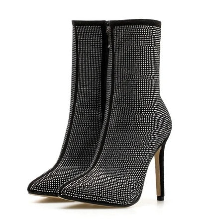 Rhinestone Pointed Toe High Heeled Boots