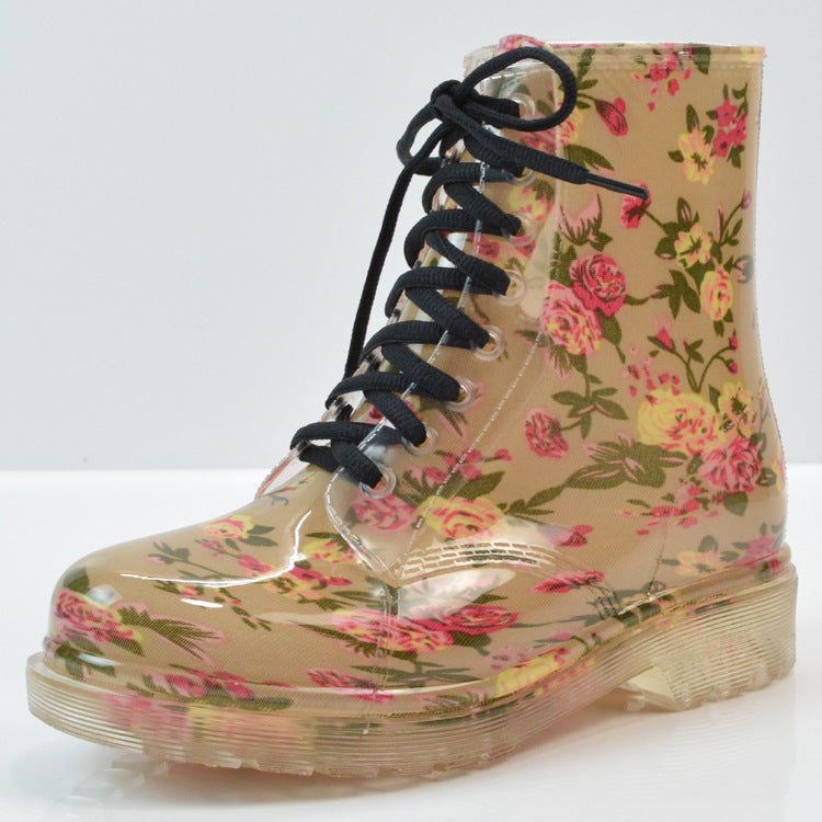 PVC Print Lace-up Flat Heel Ankle Rain Boots