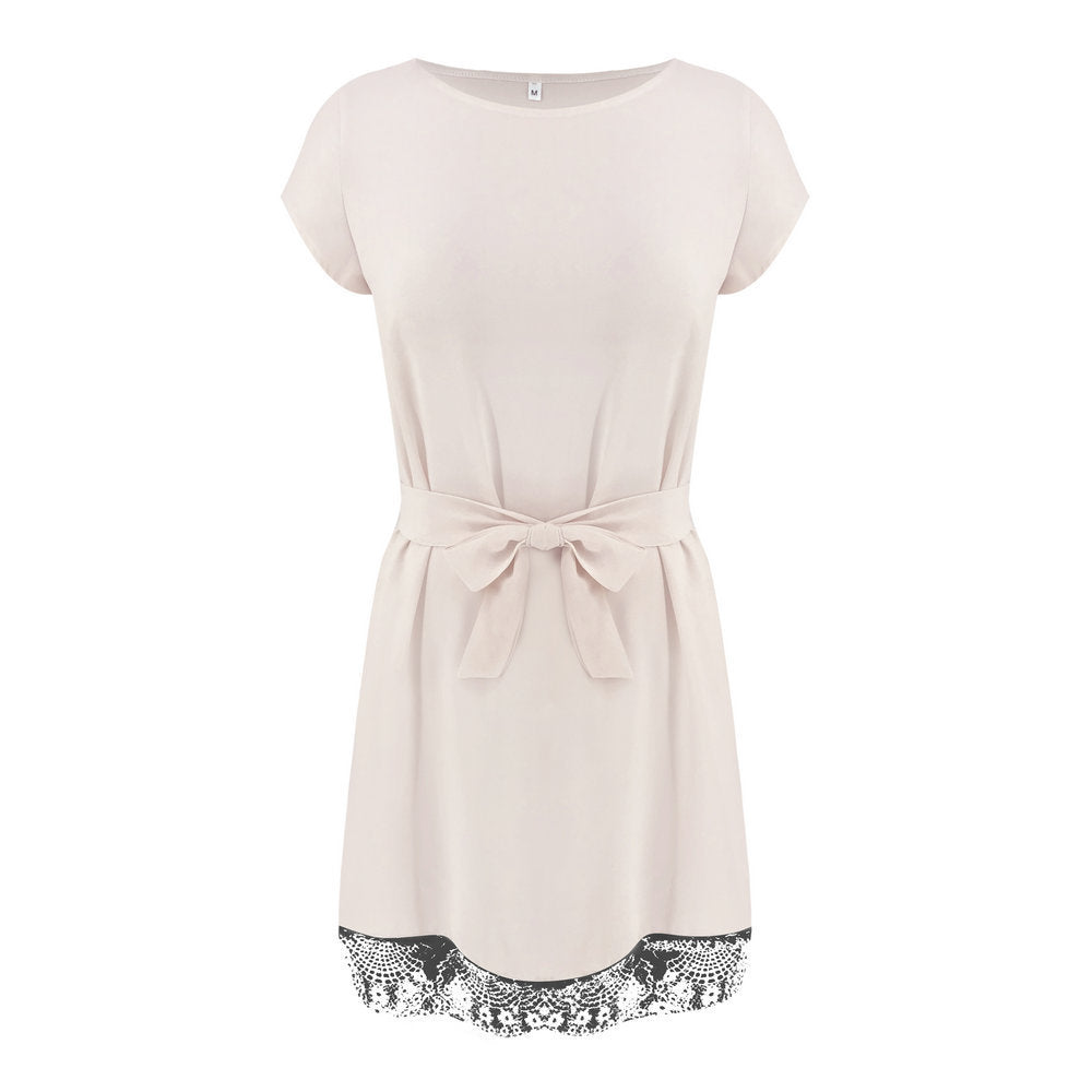 Lace Edge Belted Short Sleeve Dress
