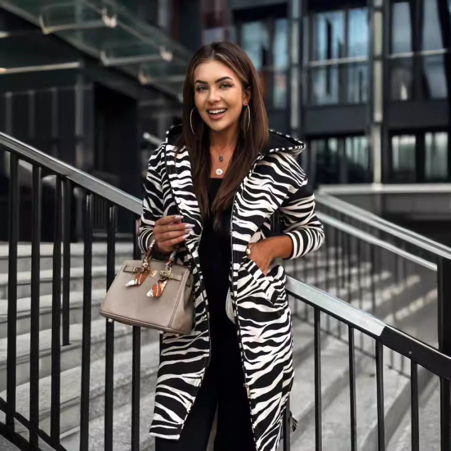 Trench Animal Print Hooded Long-sleeved Coat