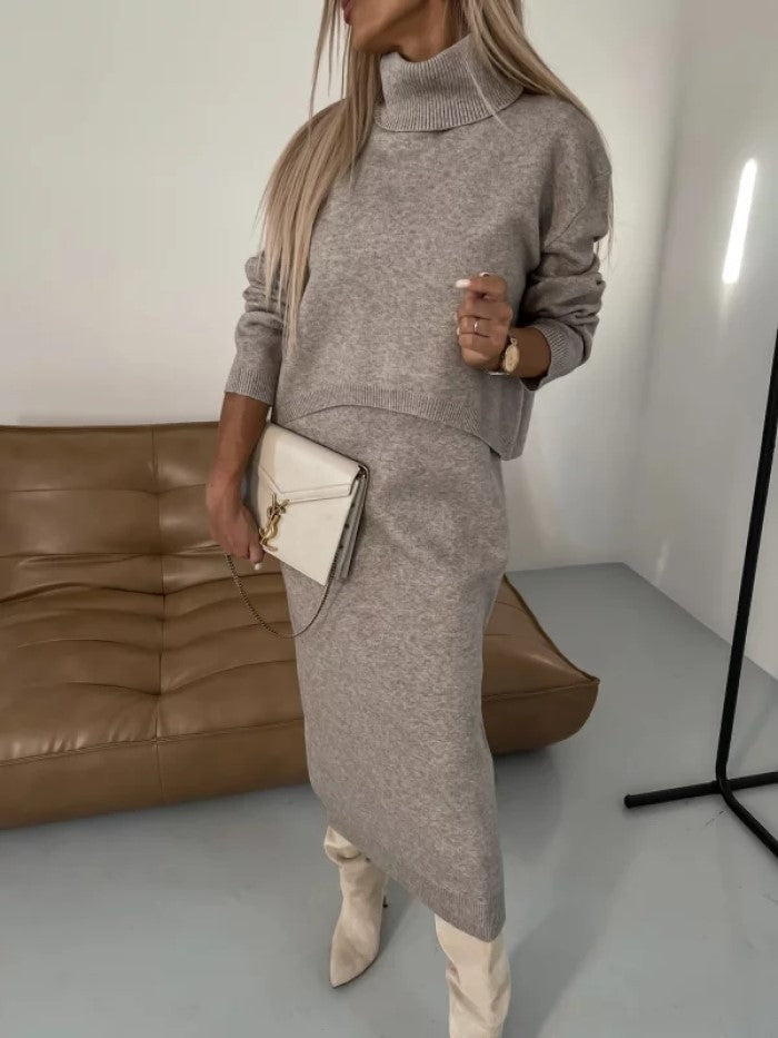 Knit Turtleneck Long-sleeve Sweater And Long Skirt Two-piece Suit