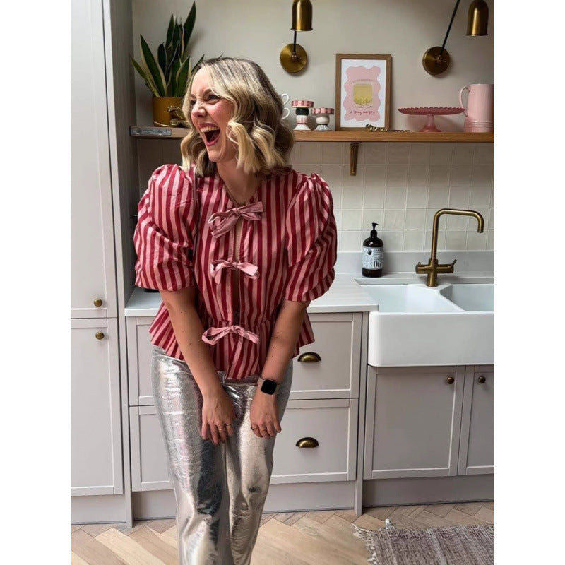 Stripes Bow Padded Shoulder Short Sleeve Top