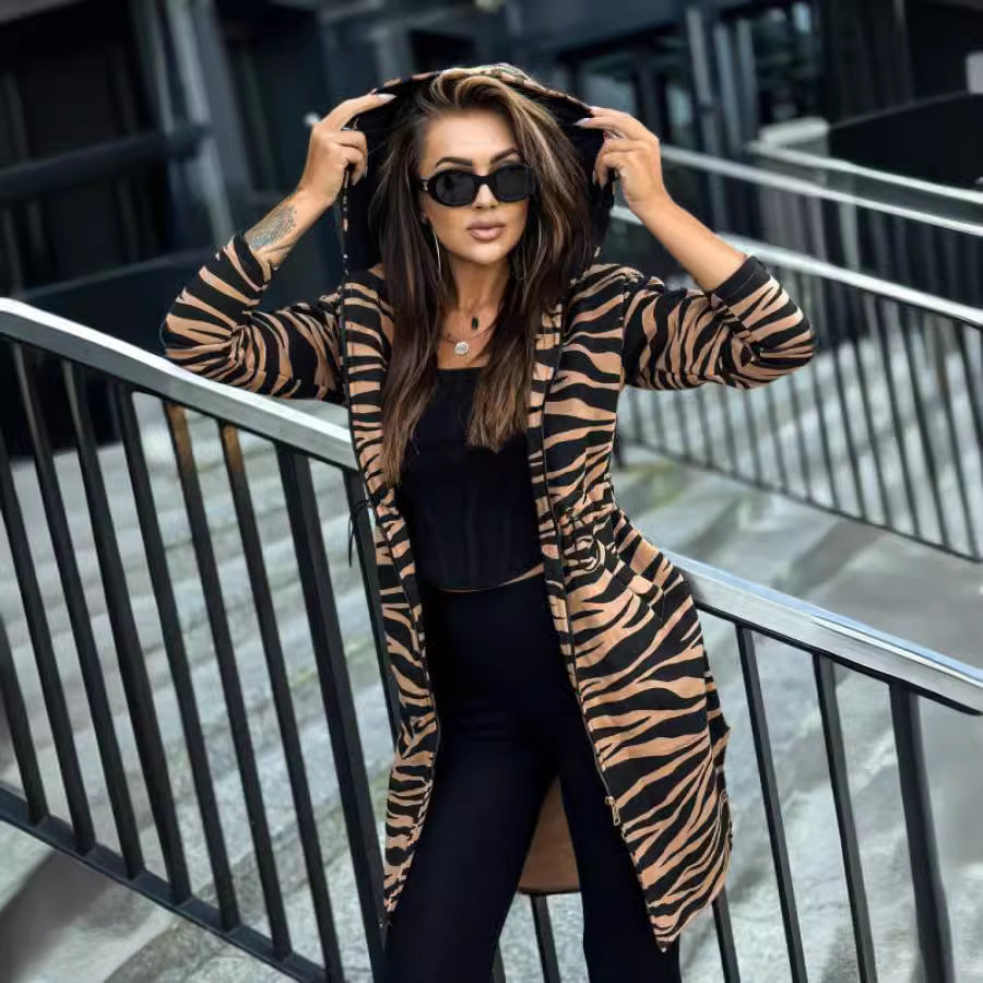 Trench Animal Print Hooded Long-sleeved Coat