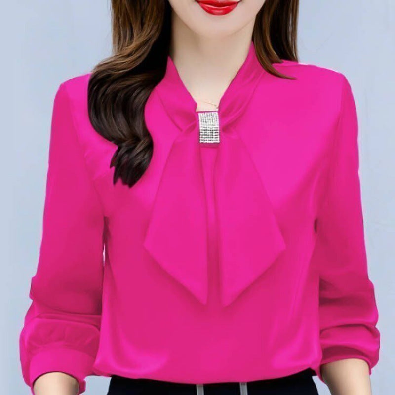 Satin V-Neck Bow Diamante Long Sleeve Blouse