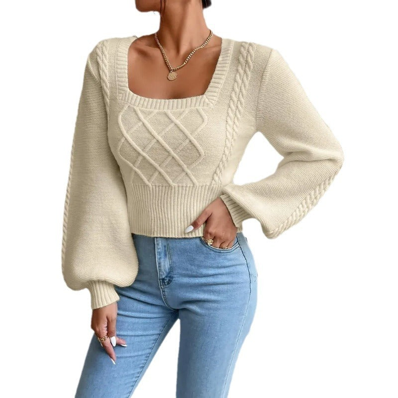 Knit Square Collar Puff Long Sleeve Sweater
