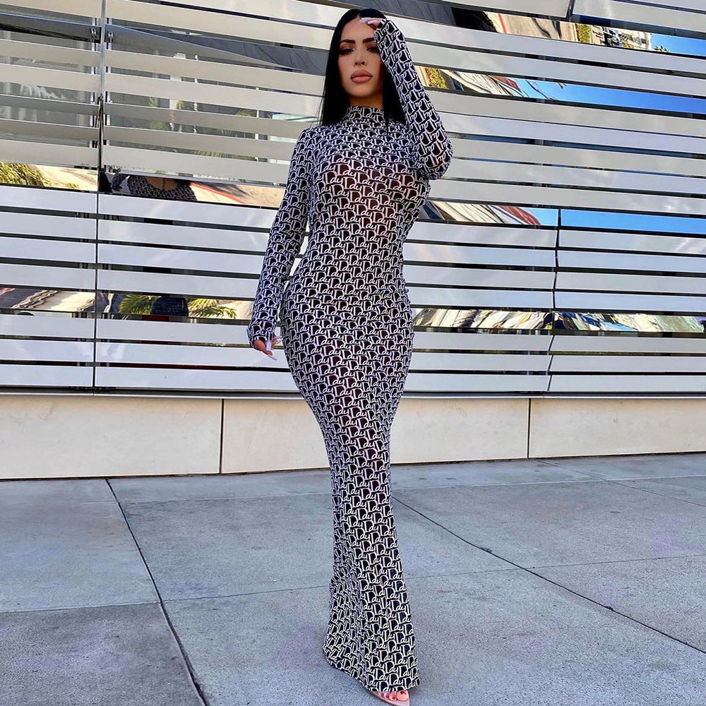 Mesh Print Backless Long Sleeve Maxi Dress