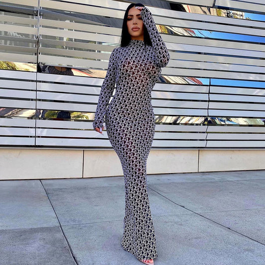 Mesh Print Backless Long Sleeve Maxi Dress
