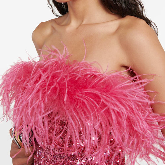 Rose Red Sequin Feather Strapless Dress