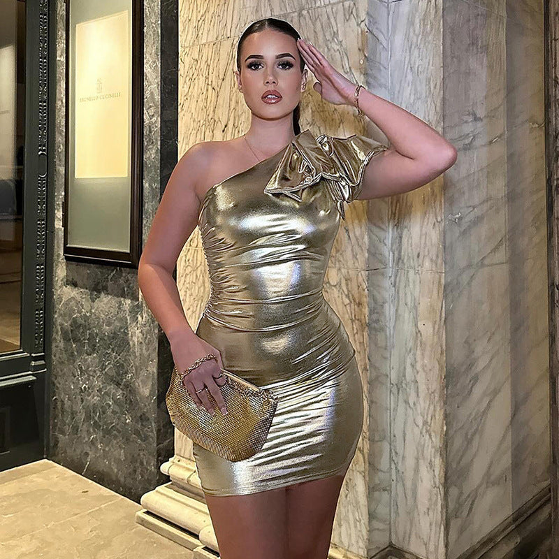 Metallic Large Bow One Shoulder Short Dress