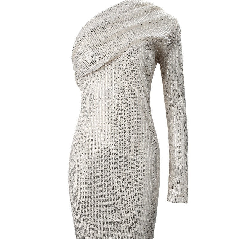 Sequin One Shoulder Long-sleeve Dress