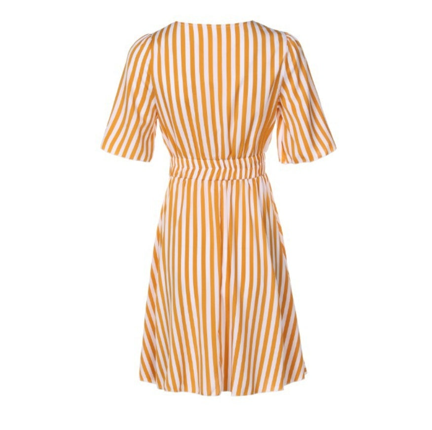 Stripe Ruffle Belted Short-sleeve Dress