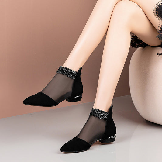 Mesh + Soft Leather Low Heel Boots