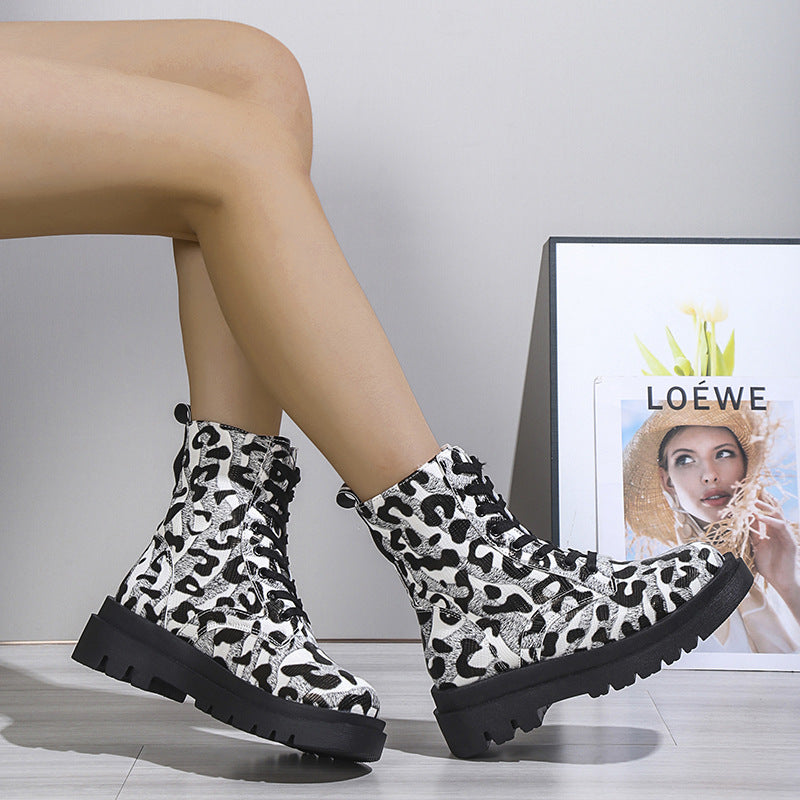 Black White Leopard Print Low Heel Boots