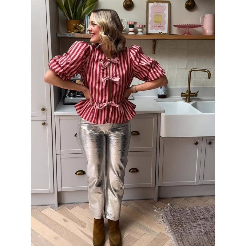 Stripes Bow Padded Shoulder Short Sleeve Top