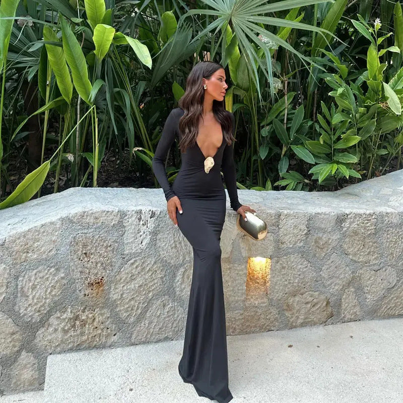 Black Deep V Neck Long Sleeve Maxi Dress