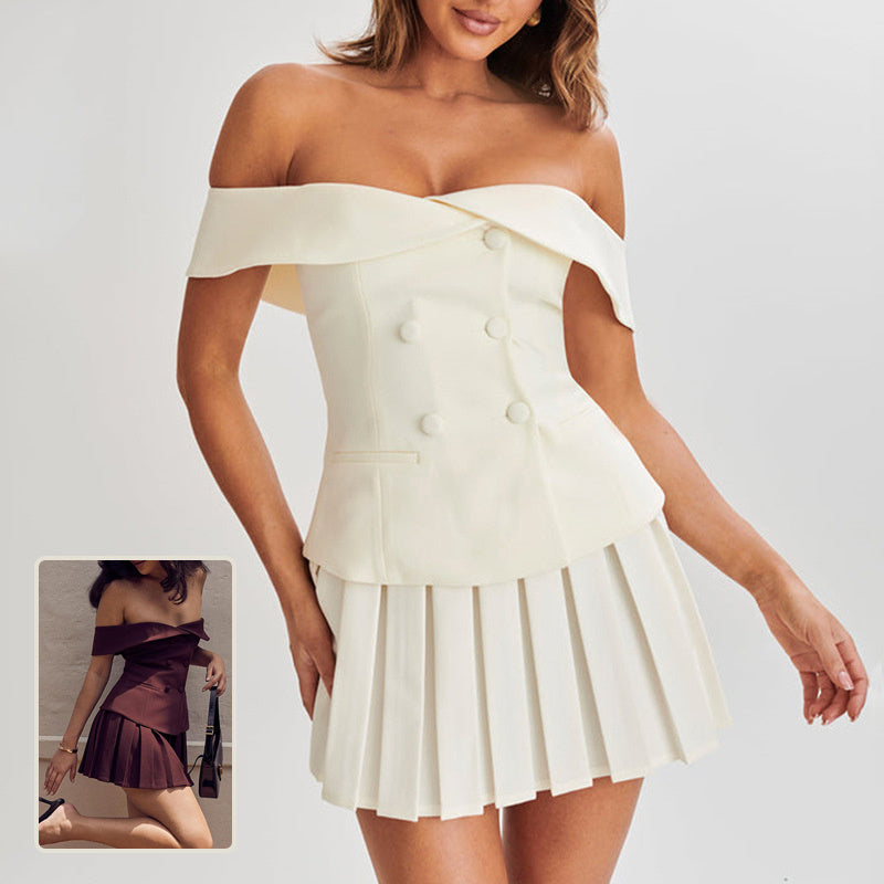 Off The Shoulder Double-breasted Top And Pleated Skirt Two-piece Suit