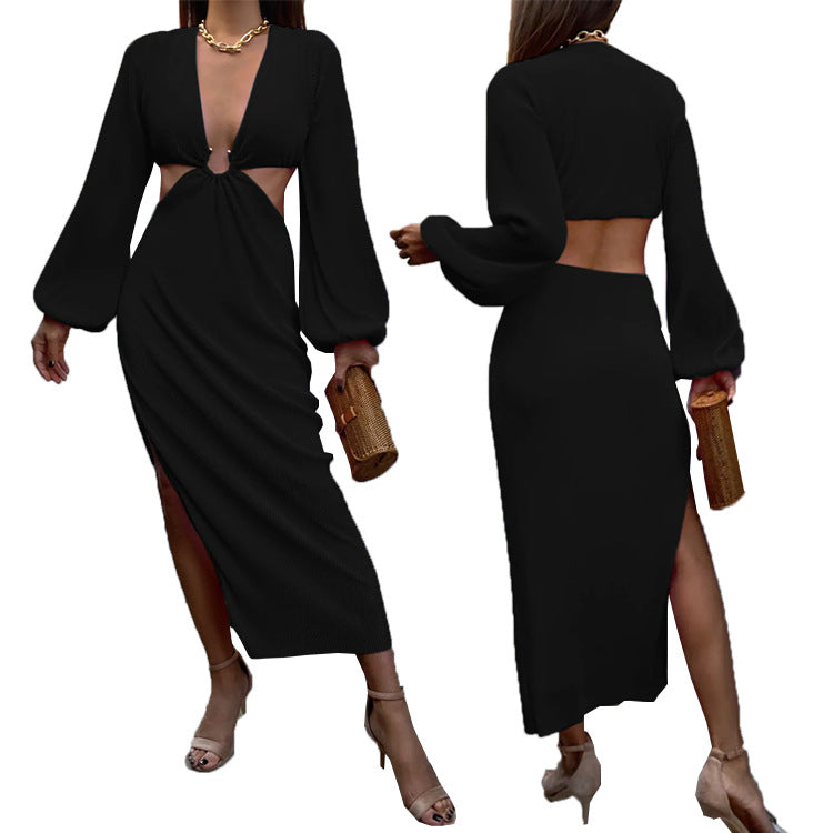 Deep V-Neck Hollow Waist Spilt Long Sleeve Dress