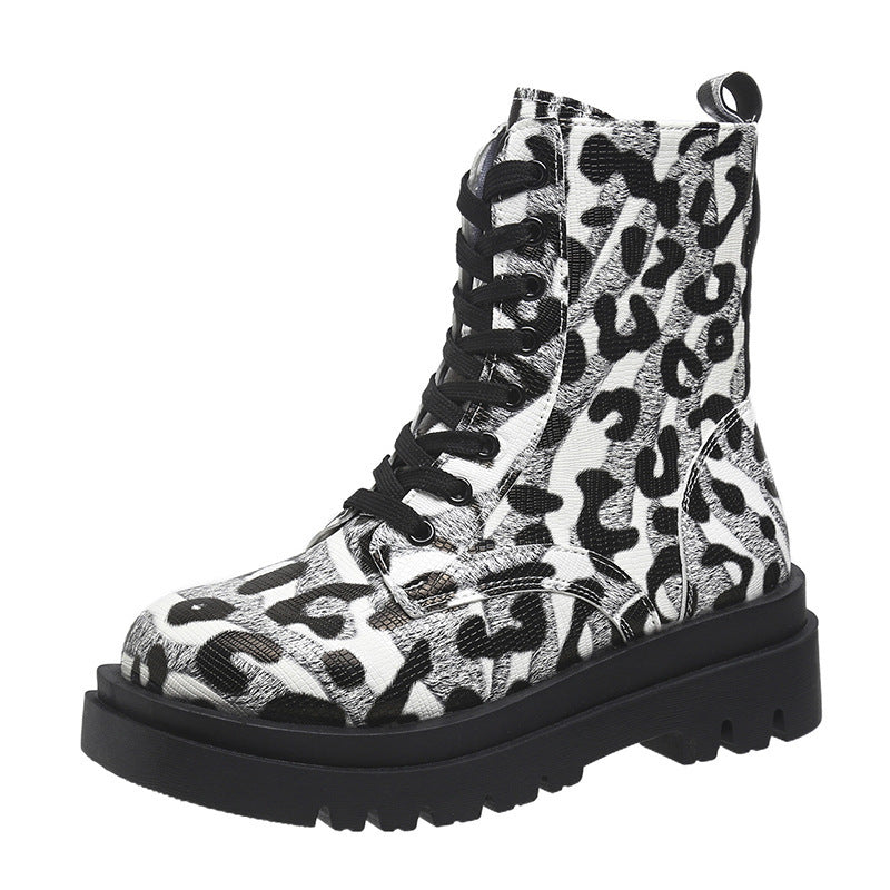 Black White Leopard Print Low Heel Boots