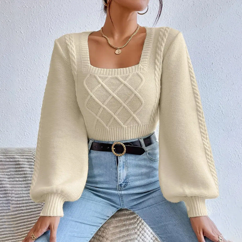 Knit Square Collar Puff Long Sleeve Sweater