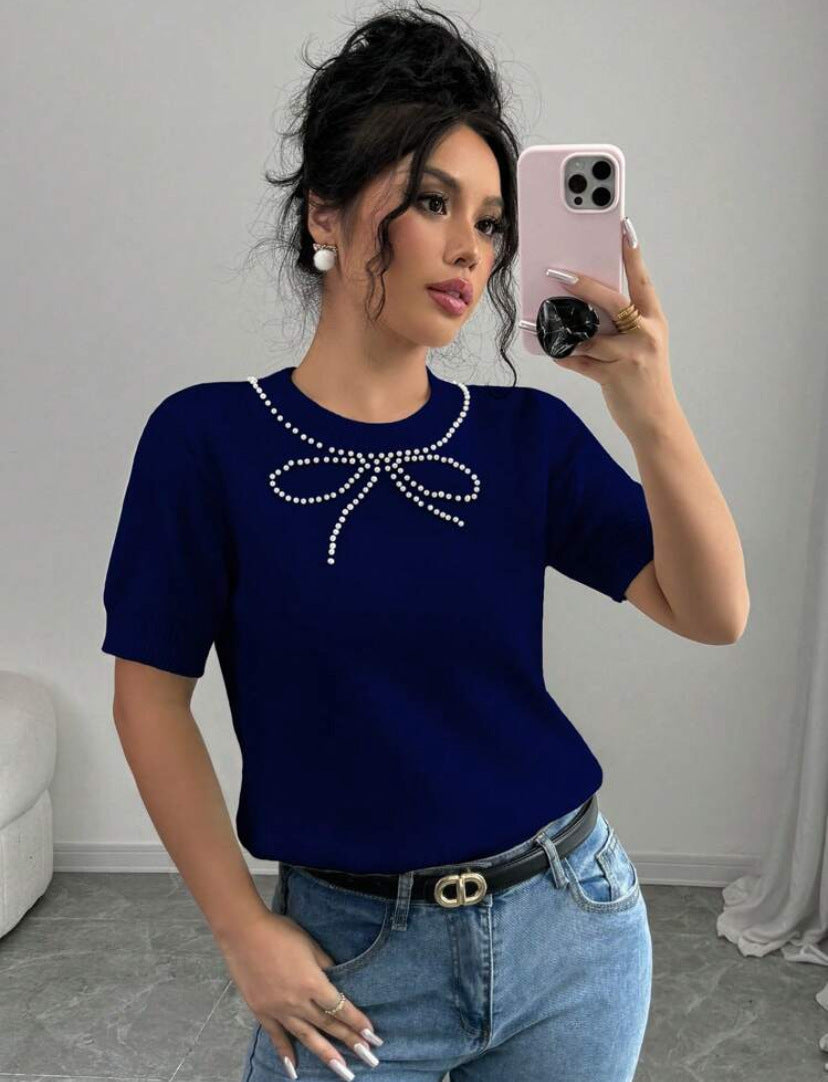 Rhinestone Bow Short Sleeve Slim Top