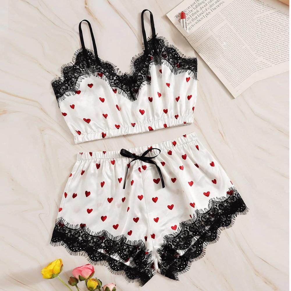 Silk Lace Hearts Print Shorts Pyjamas Two-piece Set