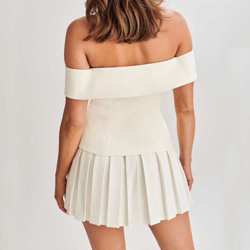Off The Shoulder Double-breasted Top And Pleated Skirt Two-piece Suit