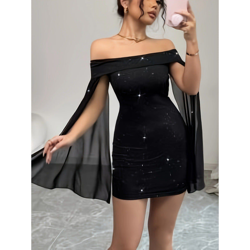 Diamante Off-the-shoulder Flared Long-sleeve Mini Dress