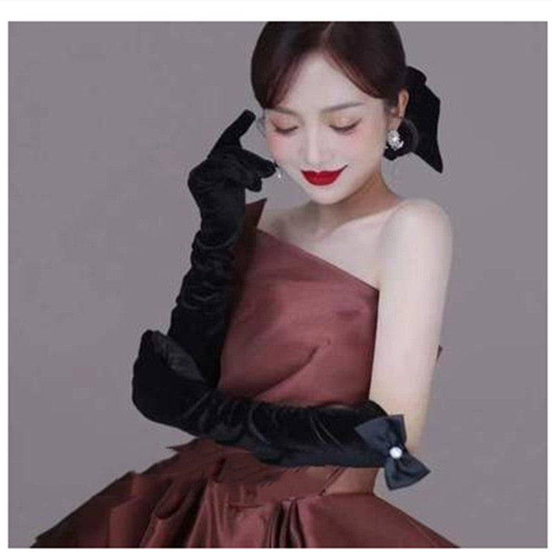 French Retro Pearl Bow Long Black Gloves