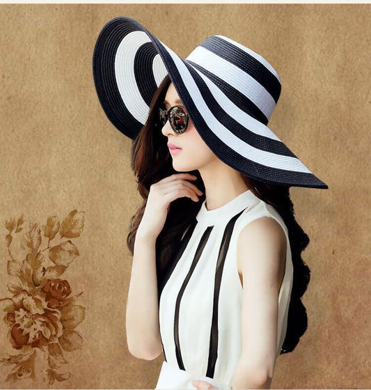 Black and White Striped Straw Hat