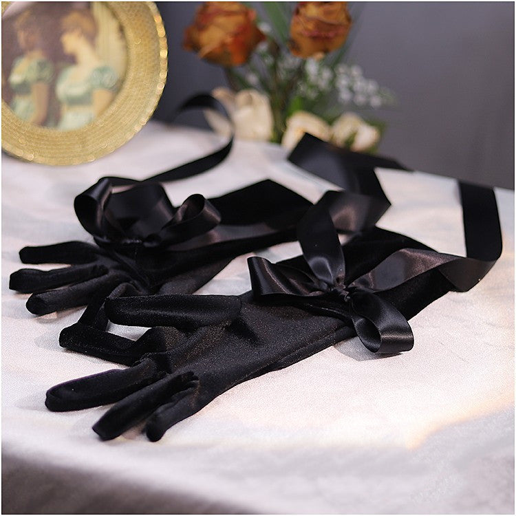 French Retro Pearl Bow Long Black Gloves