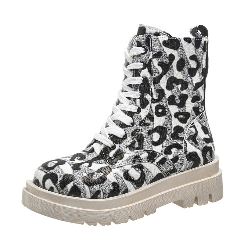 Black White Leopard Print Low Heel Boots