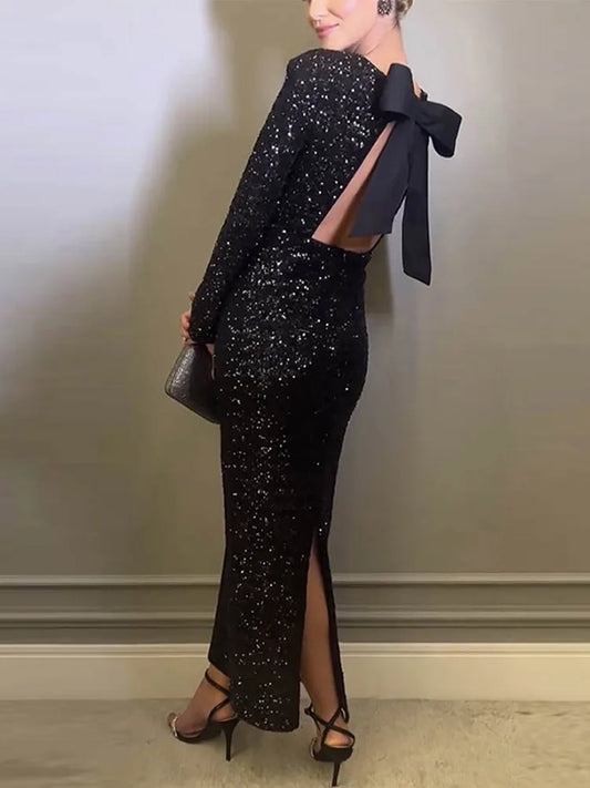 Sequin Bow Backless Long Sleeve Dress