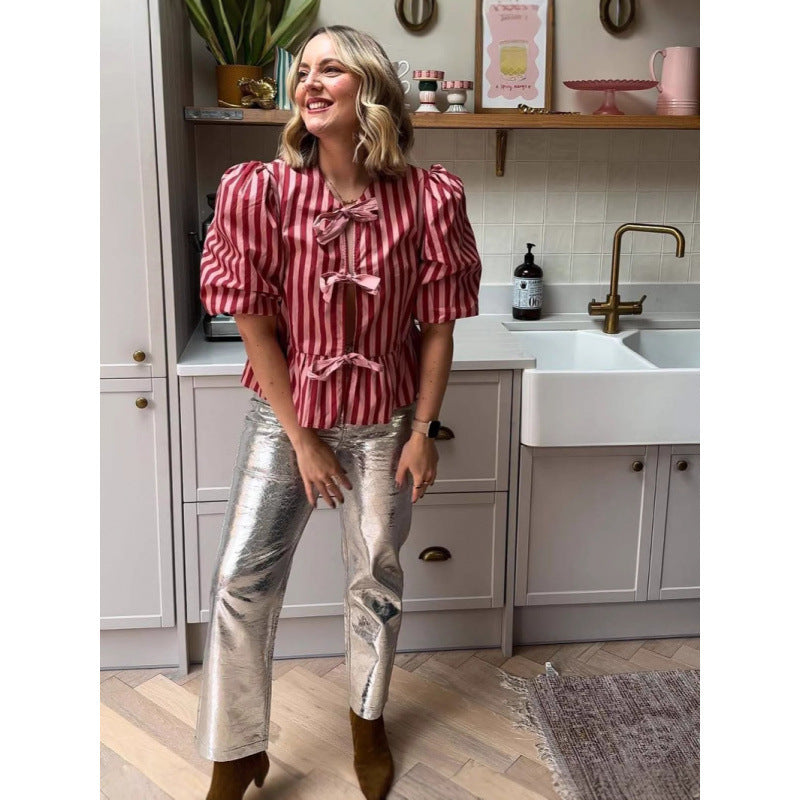 Stripes Bow Padded Shoulder Short Sleeve Top