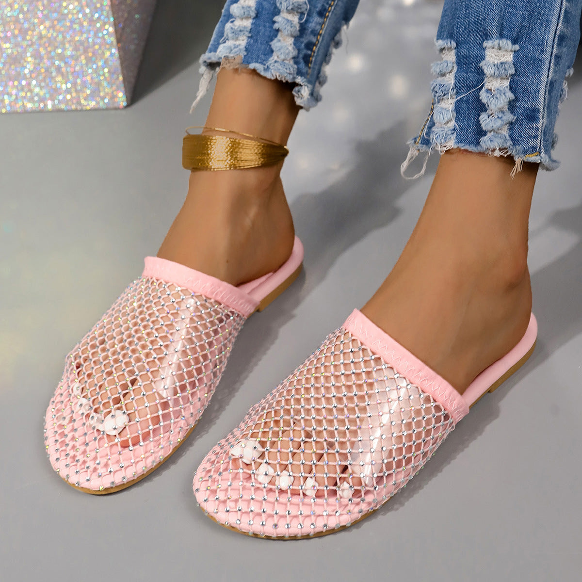 Hollow Rhinestones Flat Sandals