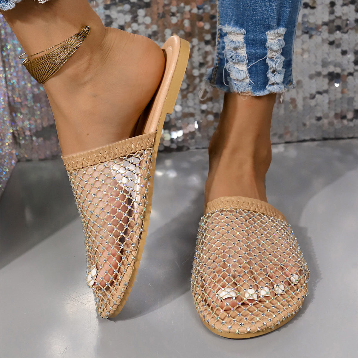 Hollow Rhinestones Flat Sandals