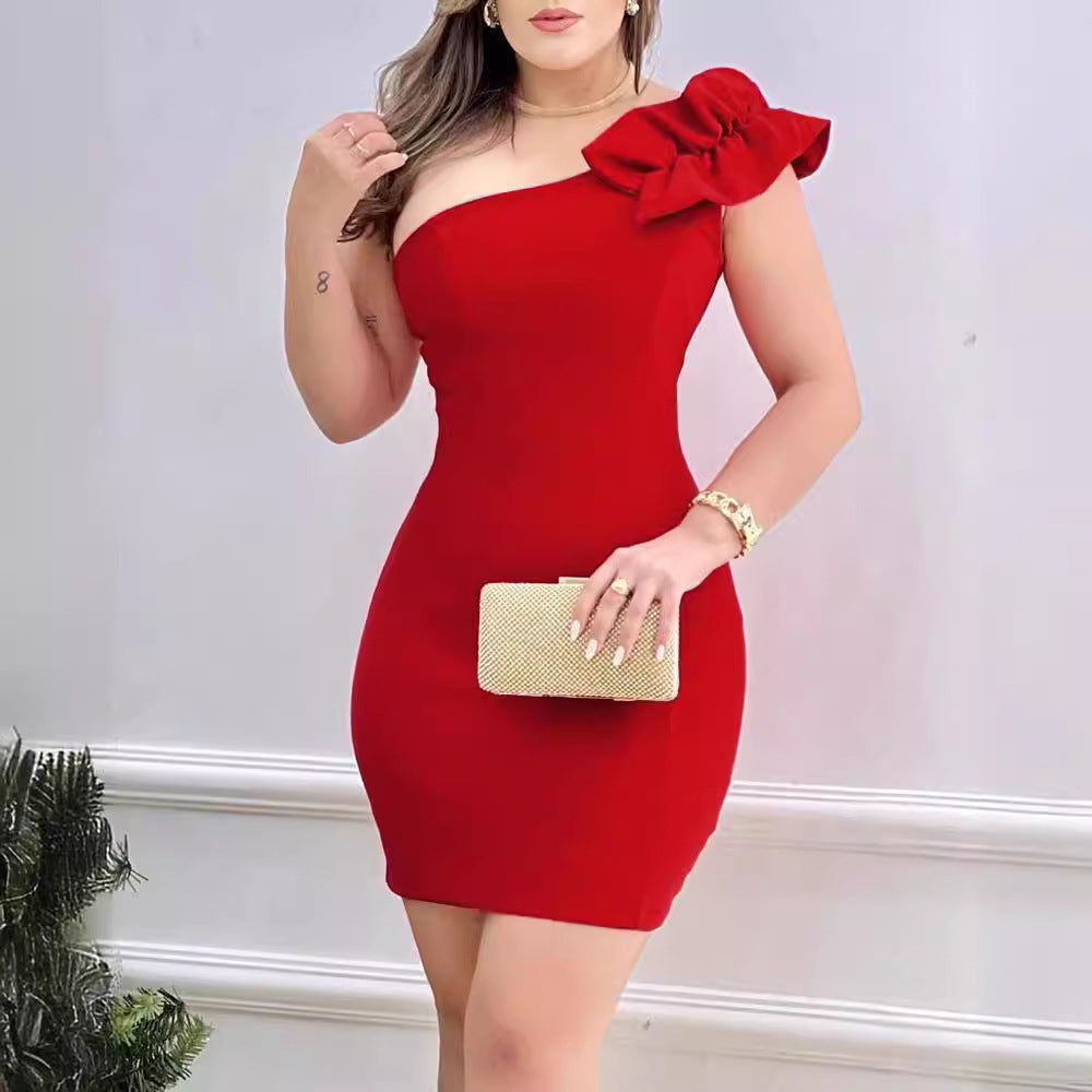 Red One Shoulder Ruffle Dress