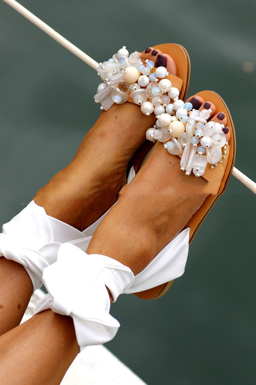 Pearl Tie Bow Flat Sandals