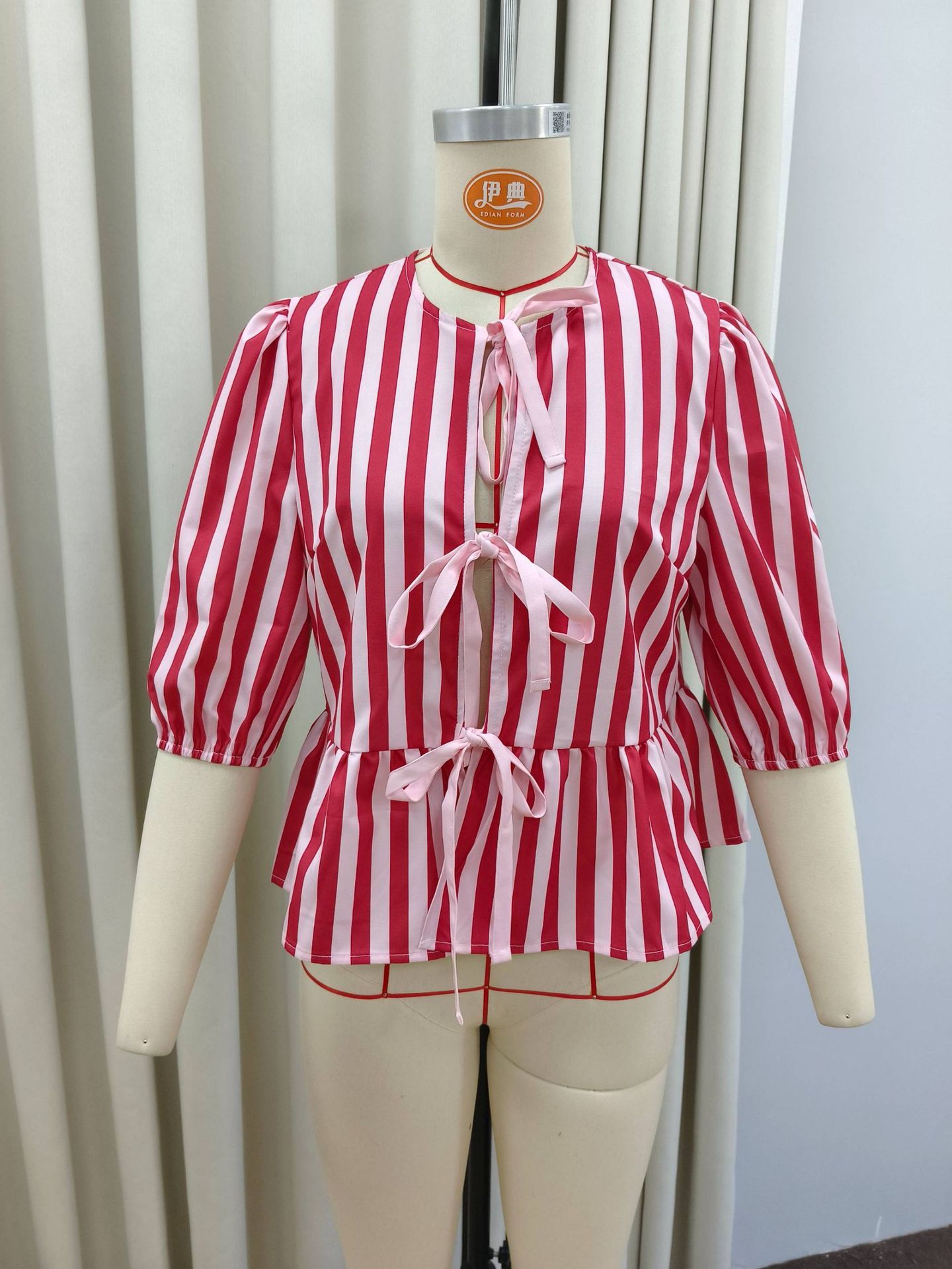 Stripes Bow Padded Shoulder Short Sleeve Top
