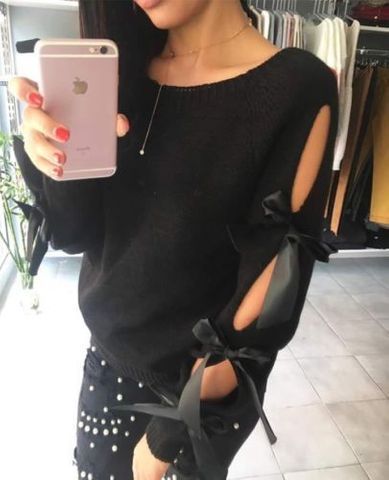 Hollow Bow Long Sleeve Round-neck Sweater