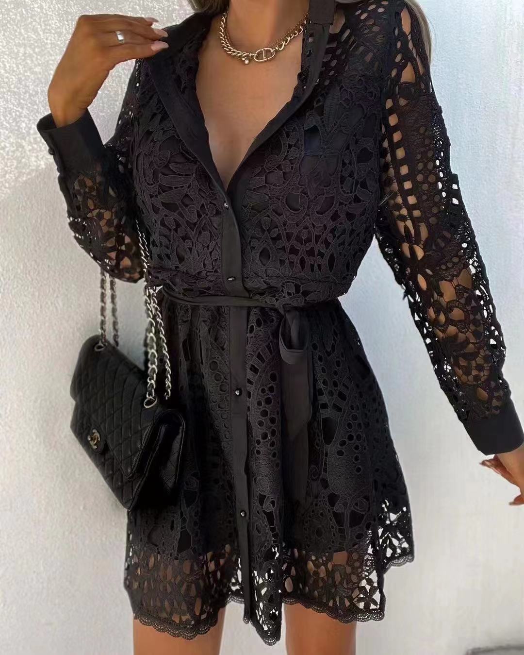 Lace Belted Long-sleeve Mini Dress
