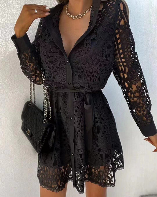 Lace Belted Long-sleeve Mini Dress