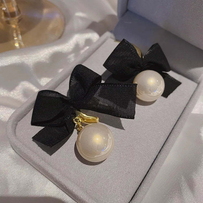 French Black Bow Pearl Drop Earrings
